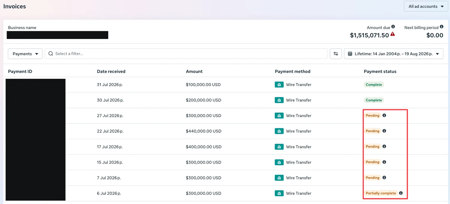 Meta Business Manager payments page listing eight wire transfers between 6 July and 31 July 2026, five of them marked Pending