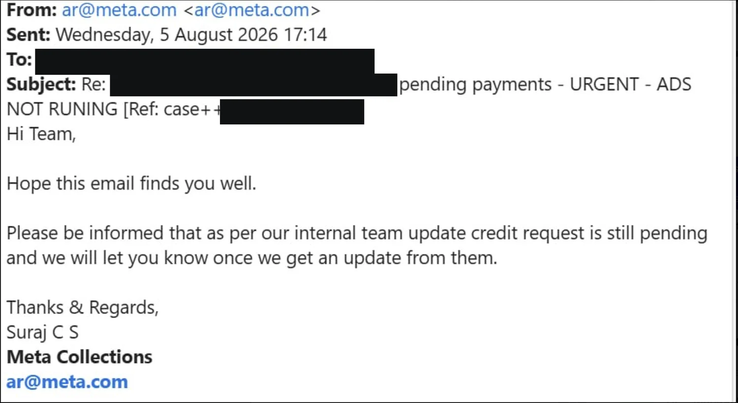 Email from ar at meta.com dated 5 August 2026 saying the credit request is still pending