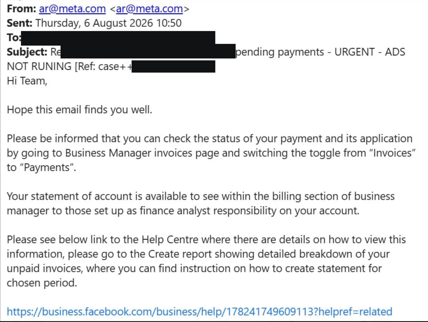 Email from ar at meta.com dated 6 August 2026 explaining how to view payments in Business Manager