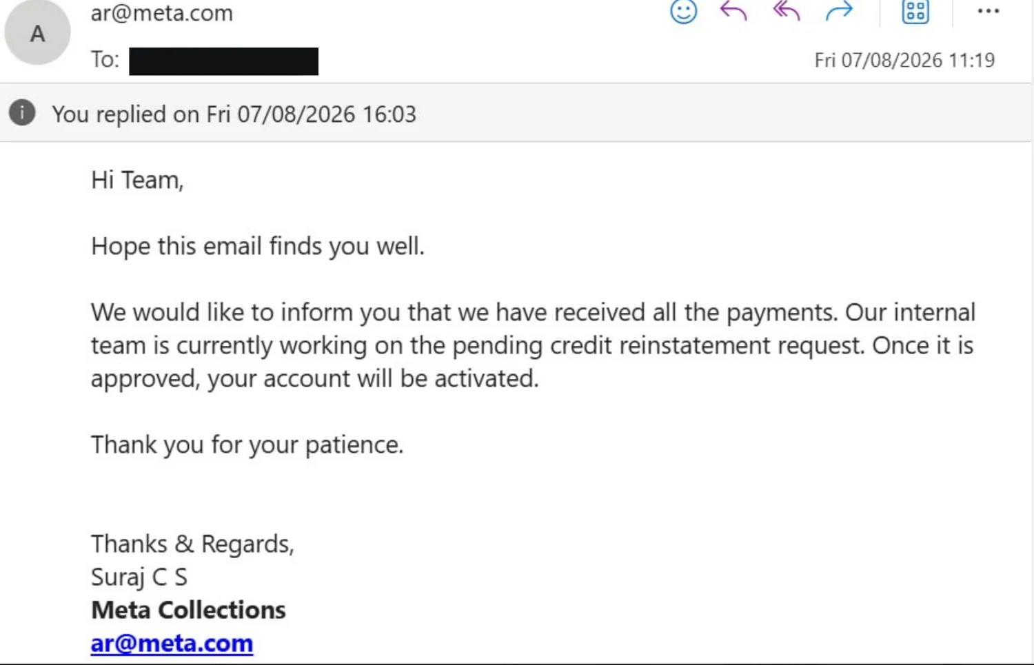 Email from ar at meta.com dated 7 August 2026 confirming all payments were received