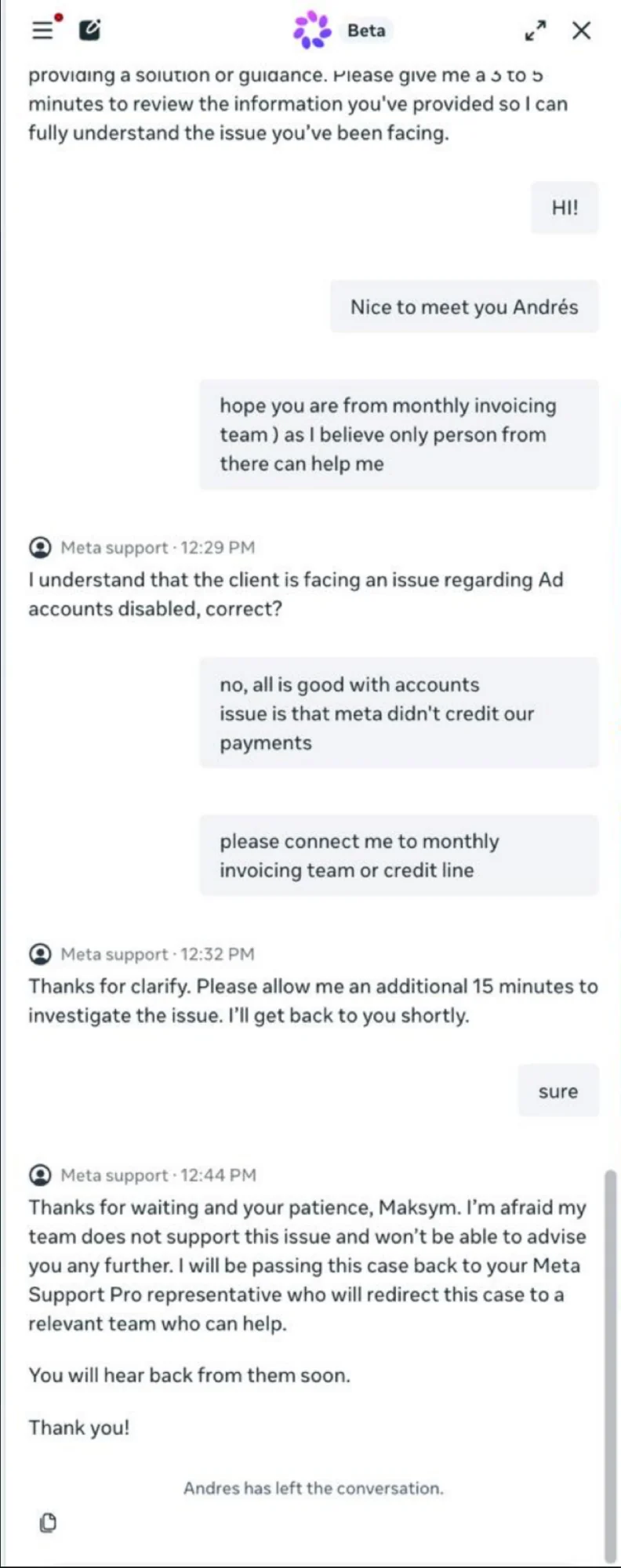 Live support chat where the agent says their team does not support this issue and then leaves the conversation