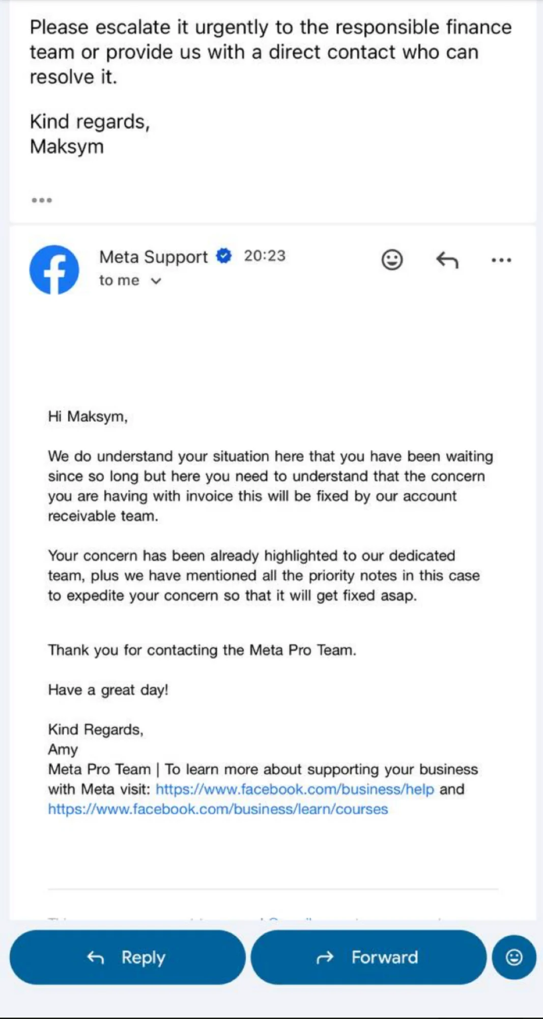 Meta Pro Team reply saying the concern has been highlighted to a dedicated team